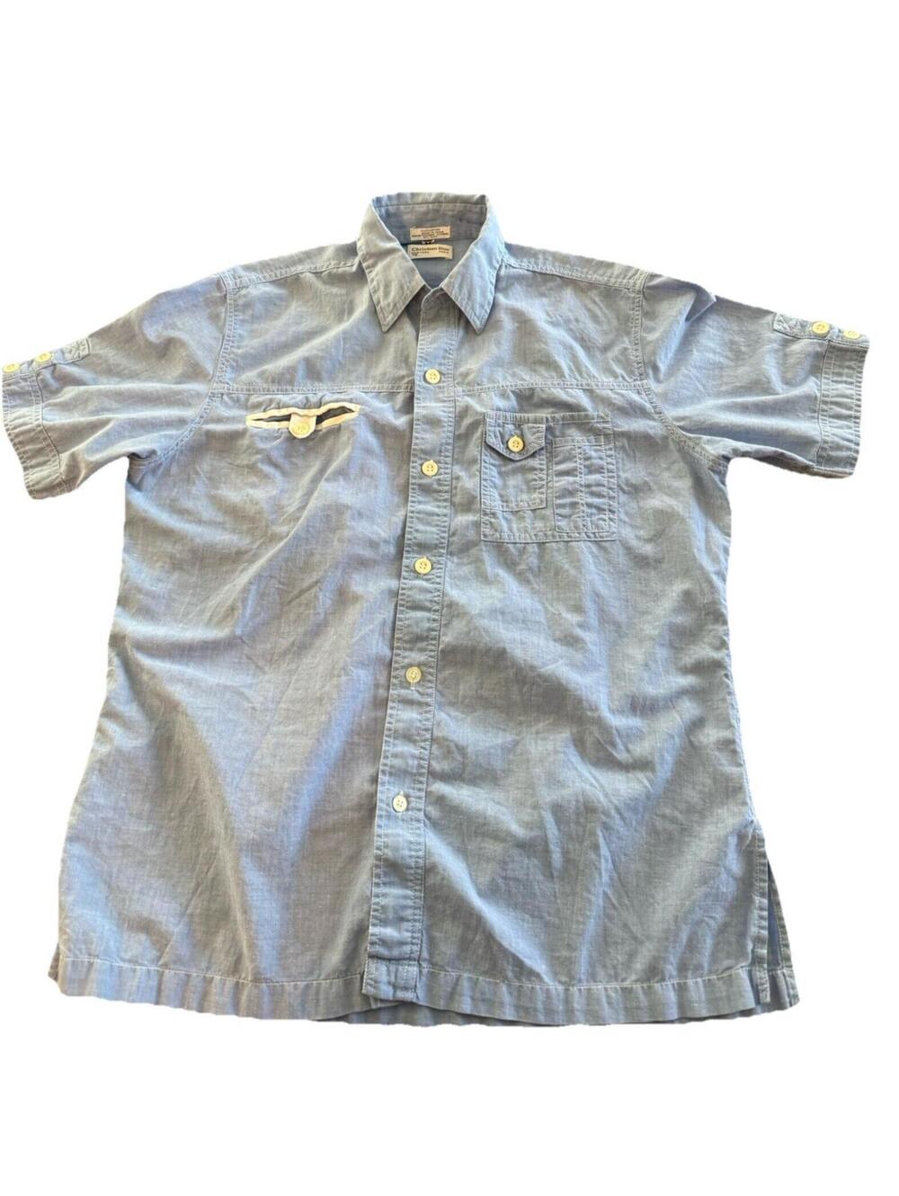 Christian Dior Vintage 70s 80s Men’s Blue Medium Cotton Button Up Short Sleeve
